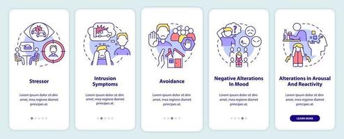 Criteria for PTSD onboarding mobile app screen. Problem symptoms walkthrough 5 steps graphic instructions pages with linear concepts. UI, UX, GUI template. vector