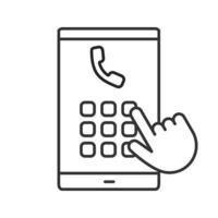 Hand dialing phone number linear icon. Thin line illustration. Smartphone keypad. Contour symbol. Vector isolated outline drawing