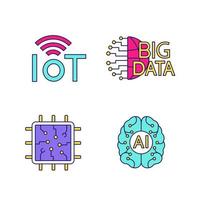 conjunto de iconos de colores de inteligencia artificial. red neuronal neurotecnología. internet de las cosas, big data, chip, ai. ilustraciones de vectores aislados