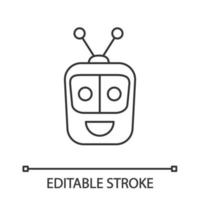 Chatbot linear icon. Thin line illustration. Modern robot. Square head laughing chat bot. Virtual assistant. Conversational agent. Contour symbol. Vector isolated outline drawing. Editable stroke