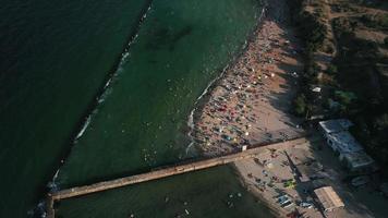 Aerial view of the ukranian coast, sea shore and boat decks video