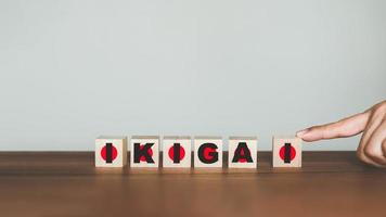 hand scrolling the word words to get the word IKIGAI on wooden cubes block. Japanese lifestyle concept. photo