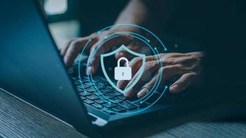 Technology internet and network in cyber security concept. Data protection and secure internet access, select the icon security on the virtual screen. photo