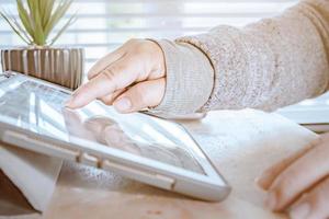 woman using laptop, searching web, browsing information, Close up of business women working with typing on laptop empty at workplace.Selective focus photo