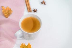 concepto de otoño o invierno con hojas de pino y arce, taza de café, canela y bufanda, puesta plana, vista superior. foto