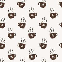 Seamless pattern with brown cups, vapor and coffee beans on beige background in flat style. vector