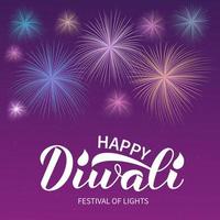 feliz diwali caligrafía letras a mano y fuegos artificiales. cartel del tradicional festival hindú de las luces. plantilla vectorial fácil de editar para afiches, volantes, adhesivos, postales, tarjetas de felicitación. vector