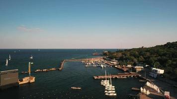 Aerial view of the ukranian coast, sea shore and boat decks video