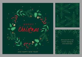 Merry Christmas and Happy New Year greeting card. Wreath with berries, leaves, pine branches and fir cones. Round frame for winter design on black background vector