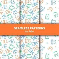 A set of seamless patterns with children's clothes. Vector illustration in a linear style.