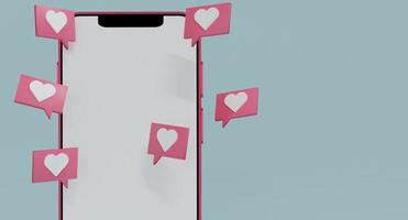 teléfono inteligente con pantalla en blanco con icono de corazón en un ángulo diferente, icono de mensaje de amor, concepto de día de San Valentín. Ilustración de procesamiento 3d. foto