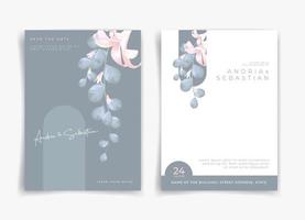 Blue and white wedding card or invitation card with pink flower and blue leaf theme front side and backside. Nature wedding card. Nature cover. Wedding card template.