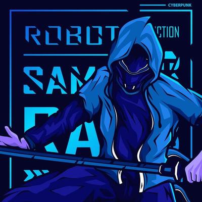 Samurai hero cyberpunk fiction character vector. Colorful t-shirt design illustration.