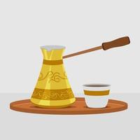 equipo de elaboración de cafetera de cezve turco tradicional editable y taza de fincan en la ilustración de vector de bandeja de servicio circular para café y cultura turca otomana y diseño relacionado con la tradición