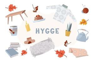 Cute and cozy vector set of interior items, clothes, dishes, food, autumn leaves and berries, cozy autumn season in the style of hugge.