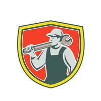 Mechanic Worker Holding Spanner Shield Retro vector