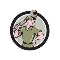 Mechanic Wielding Spanner Circle Cartoon vector