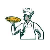 Pizza Chef Holding Pizza Woodcut vector