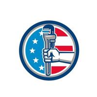 Plumber Hand Pipe Wrench USA Flag Upright Circle Retro vector