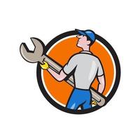 Mechanic Carrying Giant Spanner Circle Cartoon vector