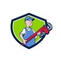 Mechanic Cradling Pipe Wrench Crest Cartoon vector