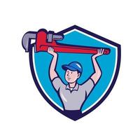 Plumber Lifting Monkey Wrench Crest Cartoon vector