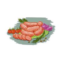 Pork Sausages Vegetables Drawing vector