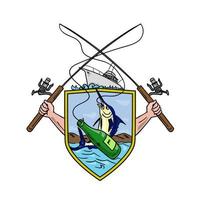 Fishing Rod Reel Blue Marlin Beer Bottle Coat of Arms Drawing vector