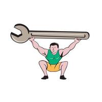 Mechanic Lifting Giant Spanner Wrench Cartoon vector