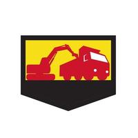 Mechanical Digger Loading Dump Truck Shield Retro vector