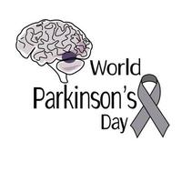 día mundial del parkinson, signo simbólico de daño cerebral humano, cinta gris e inscripción temática vector