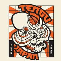 diseño de ilustración de camiseta de estilo japonés con máscara de demonio tengu. vector de ilustración de máscara japonesa aislado. adecuado para el diseño de camisetas, afiches, logotipos y fondos de pantalla.