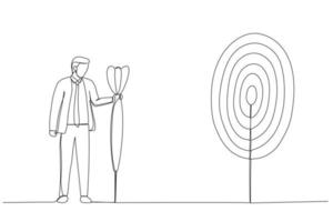 Cartoon of purposeful businessman with spear in hand looks at the target. Metaphor for achievement of goal. Single continuous line art style vector