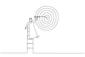 Illustration of arab businessman climb up ladder high into the sky to aiming for perfect bullseye target dartboard. Single continuous line art style vector