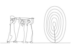 Drawing of arab businessman help holding dart aiming on bullseye target. Metaphor for team goal, teamwork collaboration. Single continuous line art style vector