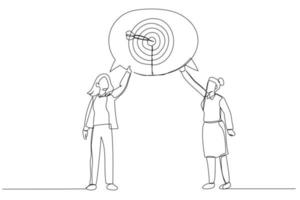 Cartoon of two businesswoman talking about target. One line art style vector