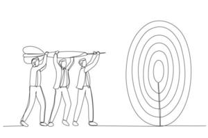 Cartoon of businessman help holding dart aiming on bullseye target. Metaphor for team goal, teamwork collaboration. Continuous line art style vector