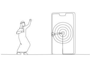 Drawing of arab businessman hit target on mobile with arrow. Continuous line art vector