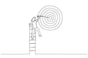 Cartoon of businesswoman climb up ladder high into the sky to aiming for perfect bullseye target dartboard. Metaphor for aspiration to achieve target, business goal. One line art style vector