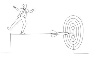 Illustration of skillful businessman acrobat walk on rope to reach bullseye dart target. Metaphor fro challenge to overcome difficulty and achieve business target. One line art style vector