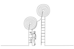 Drawing of smart businessman about to climb up ladder to achieve short term goal. Metaphor for focus on short term goal to achieve long term success. One line style art vector