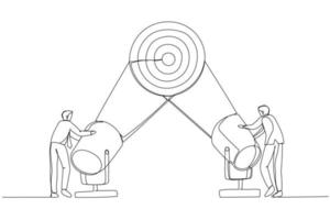 Illustration of businessman with team brainstorming success to target. One line art style vector