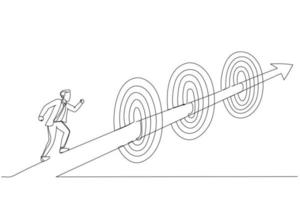 Drawing of businessman running on arrow way through targets. Metaphor for achievements or challenge to achieve targets and business goals. Single continuous line art vector