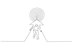 Cartoon of businessman running to the target. Metaphor for reaching the target. Continuous line art vector