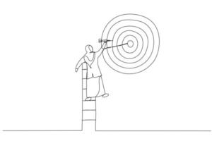 Drawing of businesswoman climb up ladder high into the sky to aiming for perfect bullseye target dartboard. Metaphor for aspiration to achieve target, business goal. One line style art vector