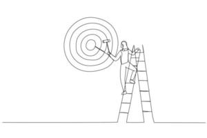 Cartoon of ambitious businesswoman on ladder using paint roller to paint big dartboard, archery target. One continuous line art style vector