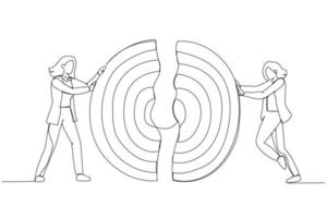 Drawing of businesswomen pushing a pieces of big target together. Metaphor for business teamwork. Single continuous line art style vector