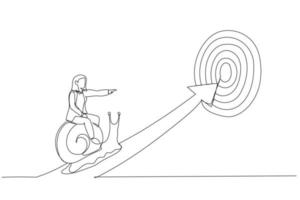 Drawing of tried businesswoman riding snail slow walking on arrow to reach target. Metaphor for slow business progress, laziness or procrastination. Continuous line art vector