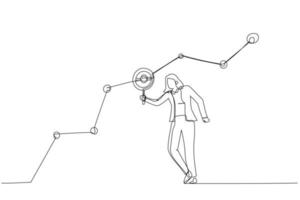 Cartoon of businesswoman marketer holding magnifying glass analyze customer data graph and chart. Metaphor for marketing target audience research. One line art style vector