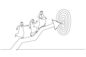 Cartoon of arab business man coworkers walking up arrow to reach target. Metaphor for team target or achievement, teamwork or leadership. One line style art vector